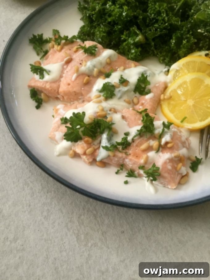 Lemon Baked Salmon with Pine Nuts and Mint Yogurt Sauce - Ready in 30 minutes