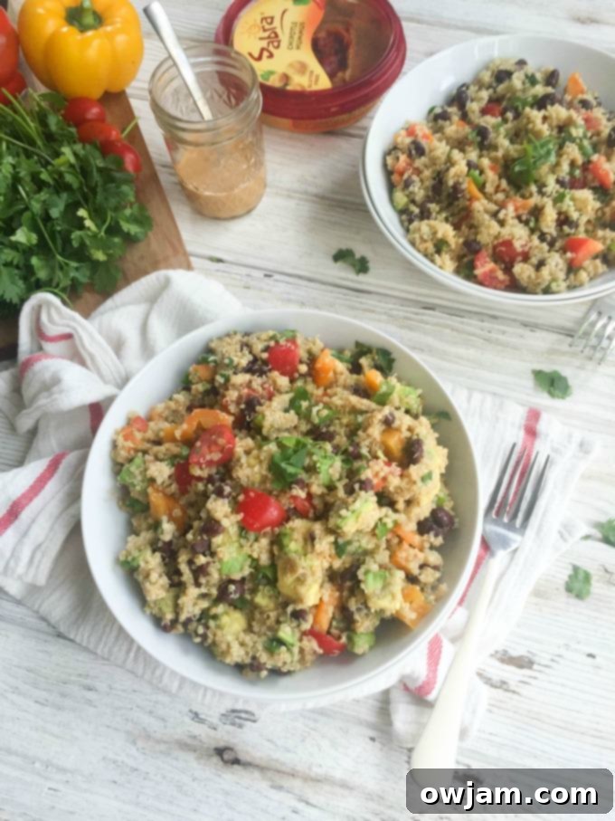 Zesty Southwest Quinoa Avocado Bowl 2 Hearty Southwestern Avocado Quinoa Salad with fresh vegetables and creamy Chipotle Hummus Dressing