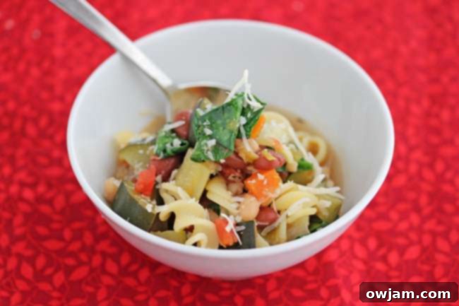 A wholesome and colorful bowl of Easy Vegetable, Bean and Pasta Soup.