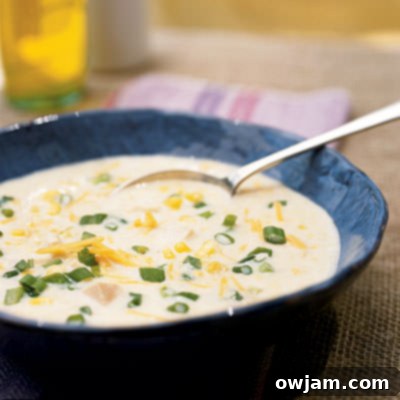 A rich bowl of Creamy Chicken Corn Chowder, highlighting sweet corn and savory chicken.
