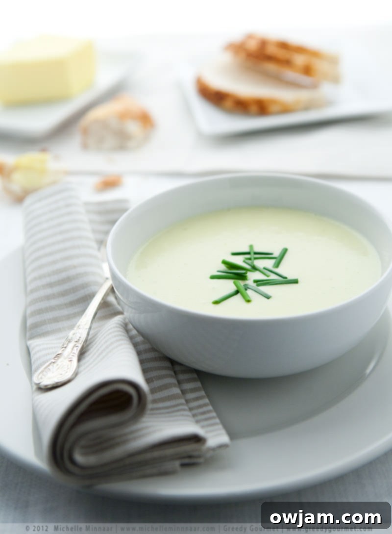 Smooth and creamy Potato Leek Soup, garnished with fresh herbs, a comforting classic.