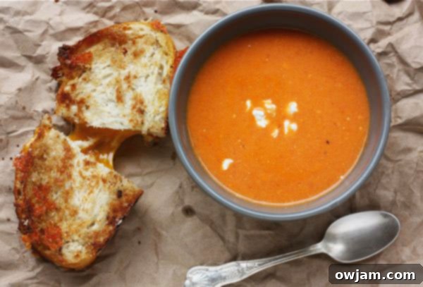 Rich Tomato Soup beautifully topped with a dollop of creamy, tangy goat cheese.