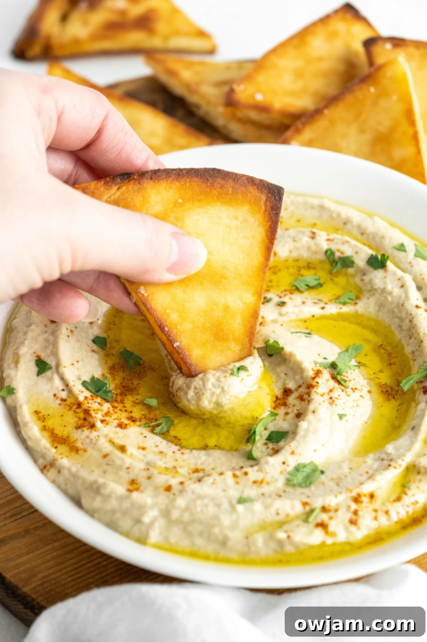 Delicious Baba Ghanoush served in a white bowl with toasted pita chips, ready for dipping.