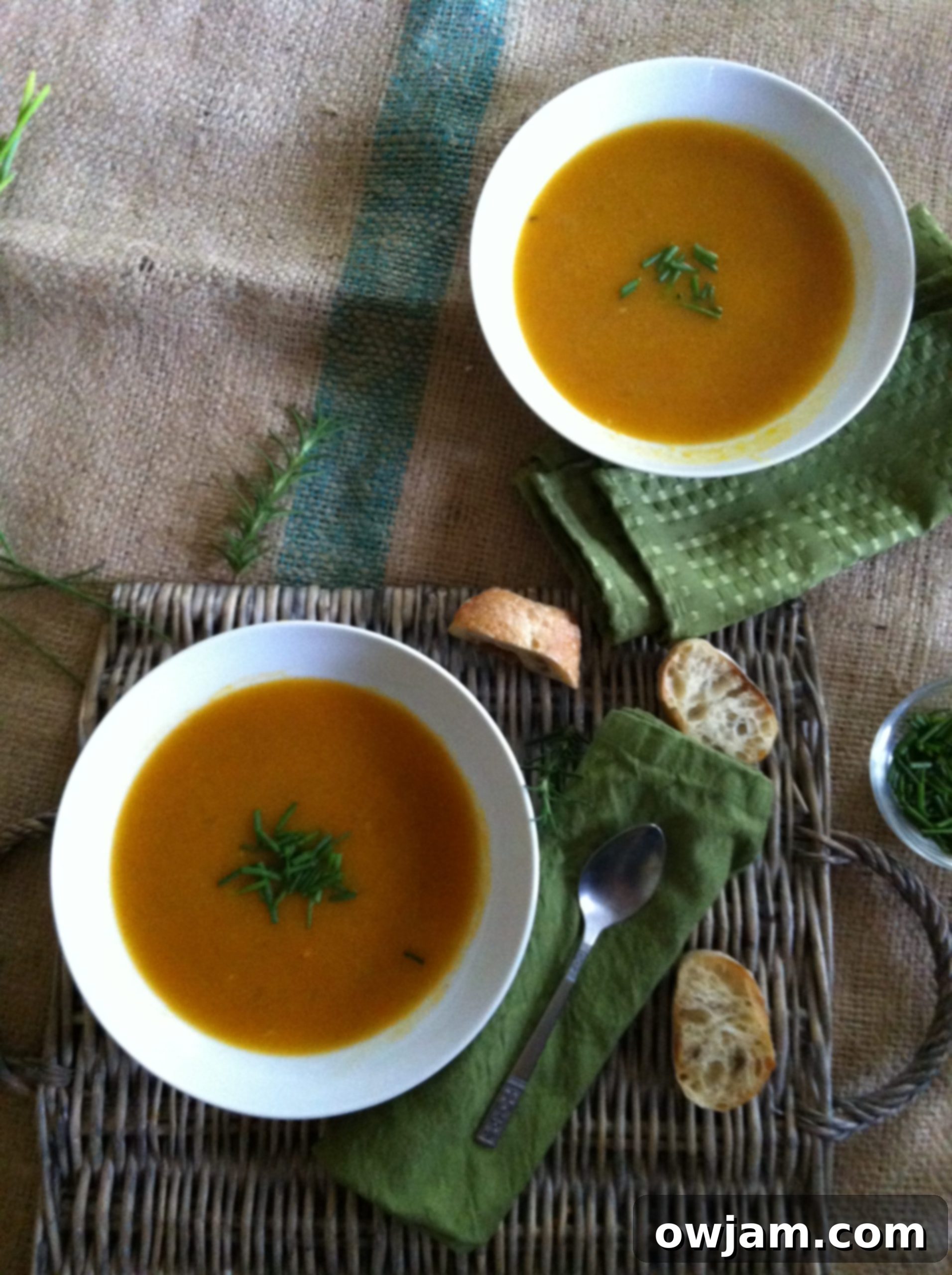 Another perspective of a cozy bowl of Roasted Butternut Squash Soup, perfect for fall