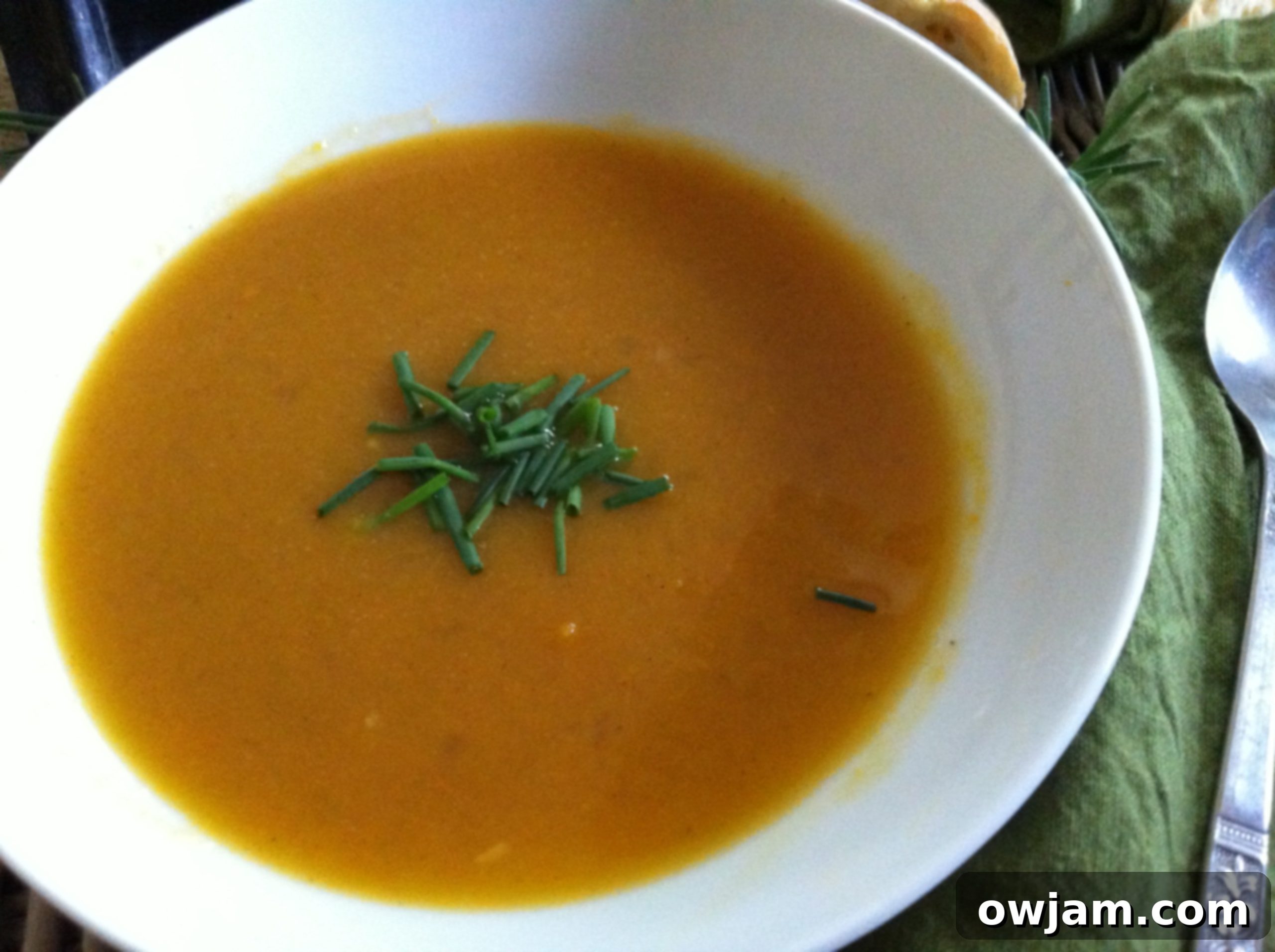 Close-up of a bowl of creamy Roasted Butternut Squash Soup, garnished and ready to enjoy