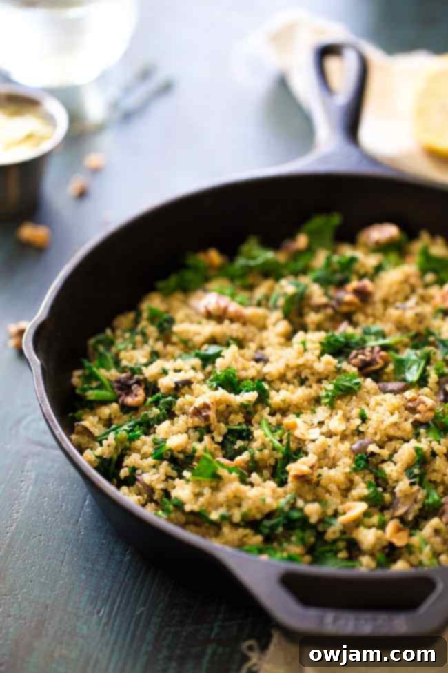 Healthy Kale and Quinoa Skillet with garlic mushrooms and herbs, a flavorful one-pan dinner.