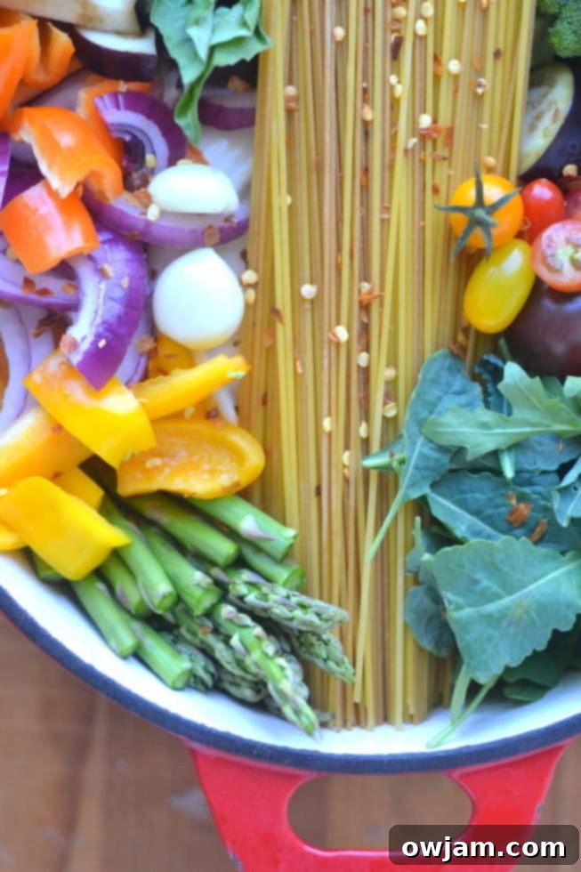 Colorful One Pot Farmer’s Market Pasta with fresh, seasonal vegetables.