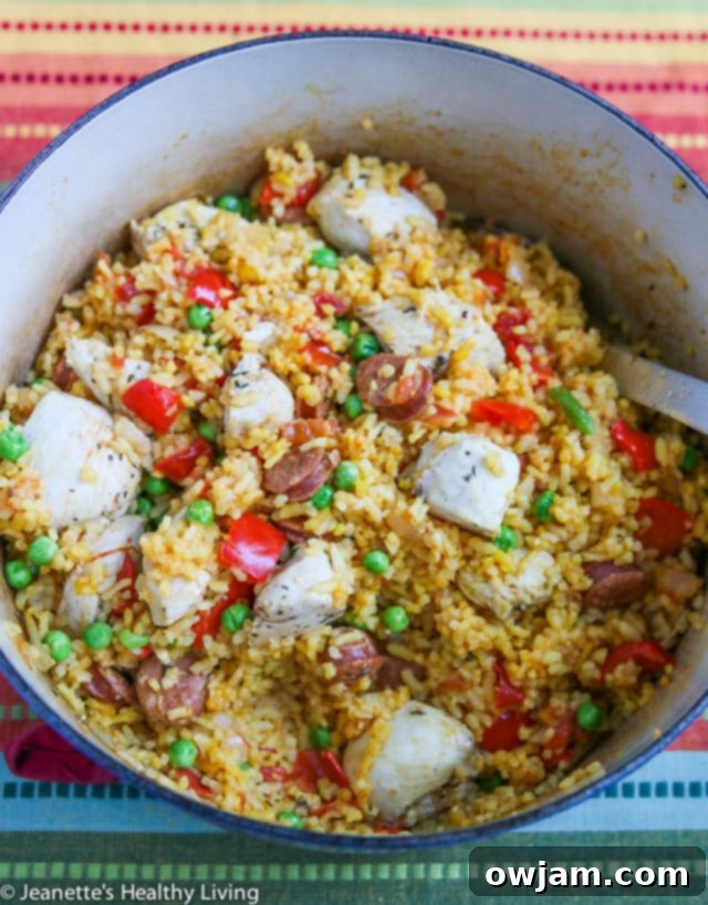 Delicious One Pot Chicken and Chorizo Paella, a taste of Spain made easy.