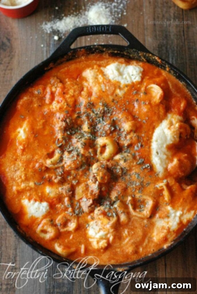 Quick and easy Tortellini Skillet Lasagna, perfect for a weeknight comfort meal.