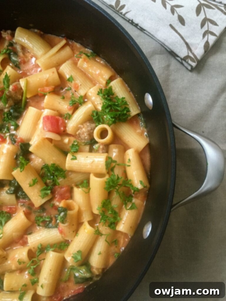 Creamy One Pot Cheesy Sausage Pasta, a quick and flavorful family meal.