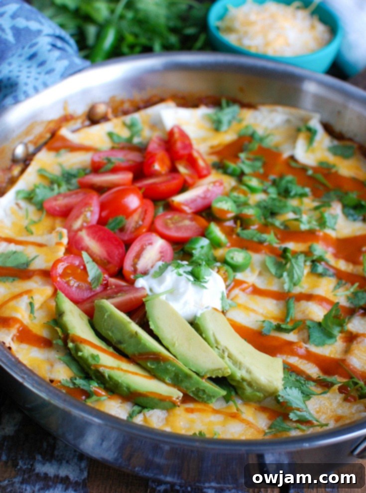 One Pot Beef Enchilada Casserole, a quick and easy meal with ground beef, enchilada sauce, tortillas, vegetables, and cheese.