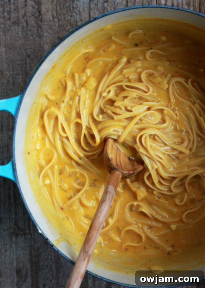 Luxuriously creamy One Pot Pumpkin Pasta, a quick and simple vegetarian dish.