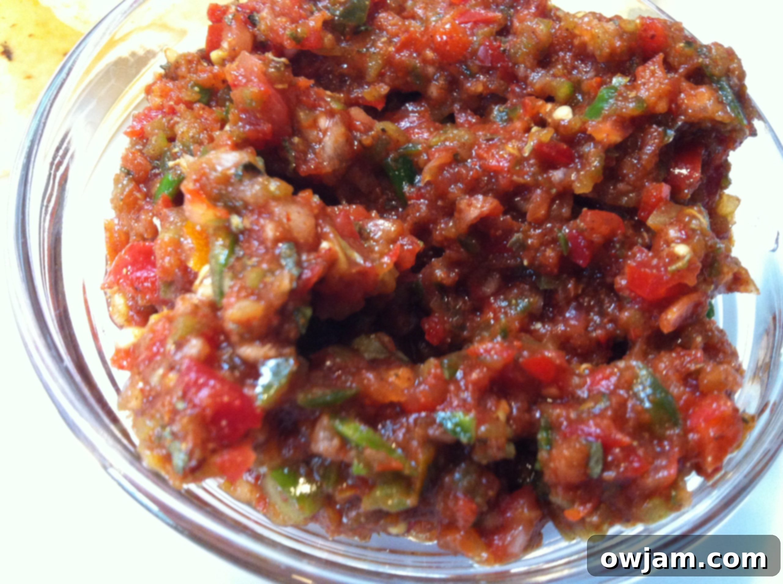 A bowl of fresh homemade Kickin' Salsa with cilantro garnish, recipe from A Cedar Spoon