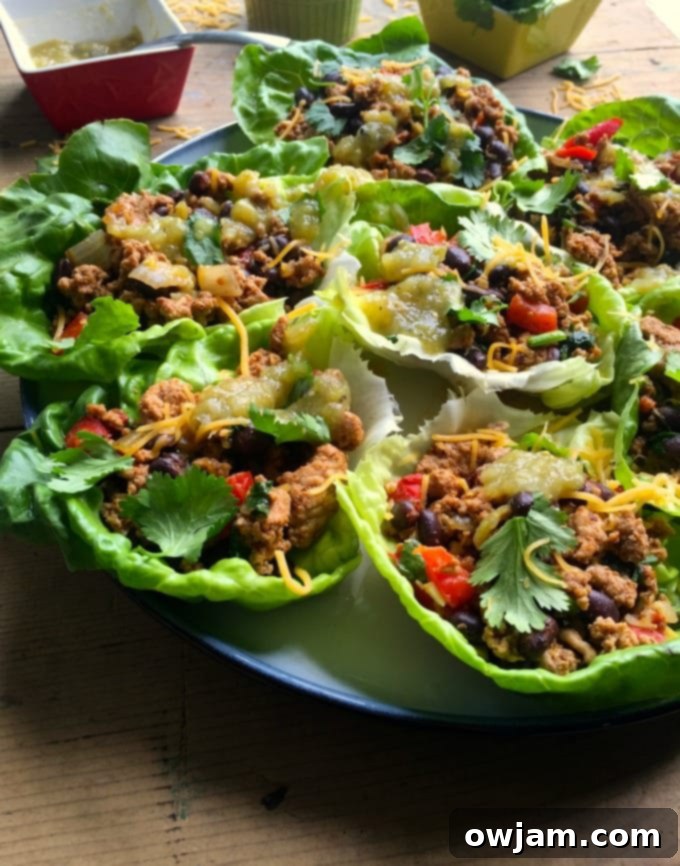 Close-up of a single Mexican Turkey Lettuce Wrap with vibrant toppings.