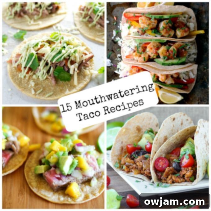 A vibrant collage of 15 different mouthwatering taco recipes, including fish, pork, and shrimp tacos, perfect for Cinco de Mayo