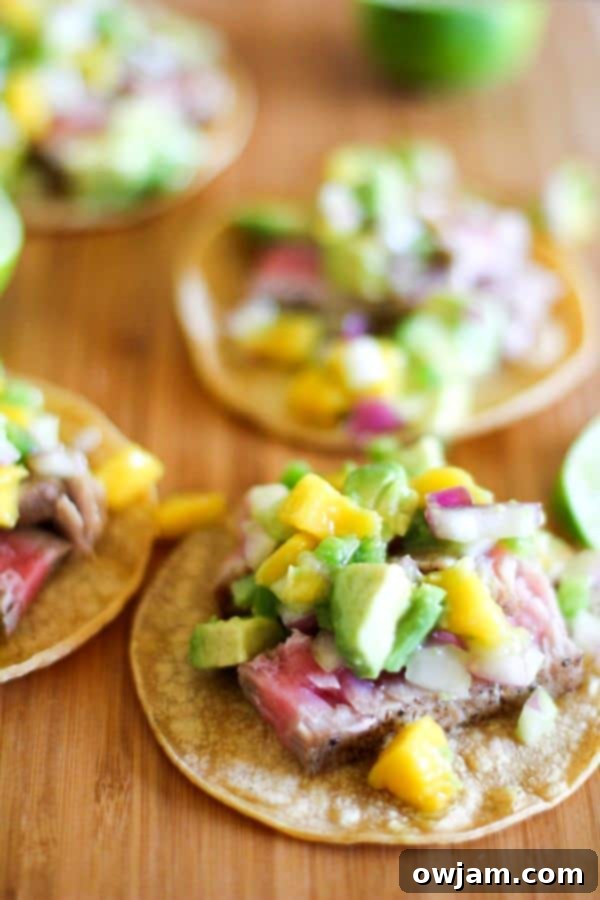 Elegant seared ahi tacos with fresh mango avocado salsa