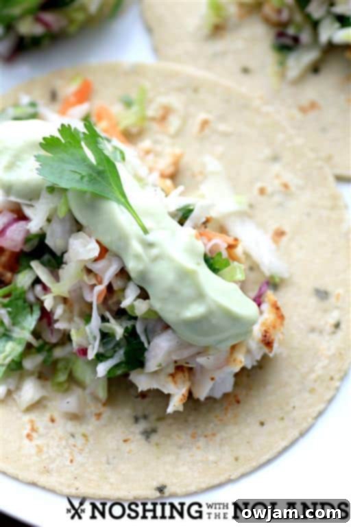 Avocado Cream Slaw Fish Tacos with fresh ingredients