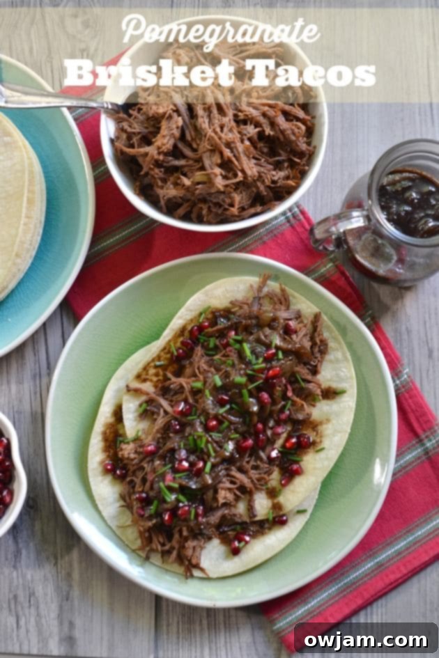 Tender pomegranate brisket tacos with fresh herbs