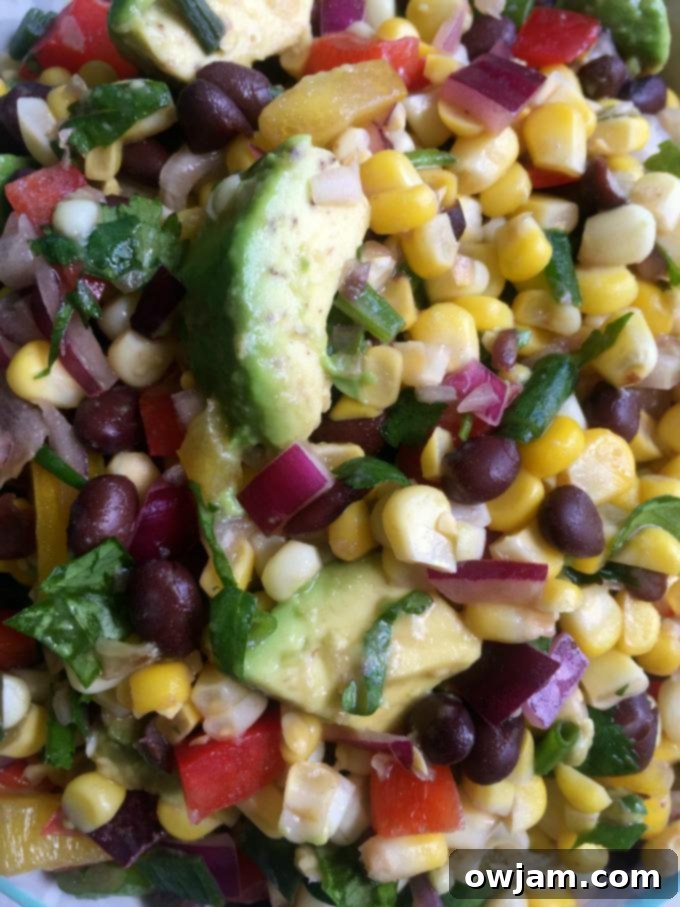 Close-up of Sweet Corn Black Bean Salad with cilantro dressing