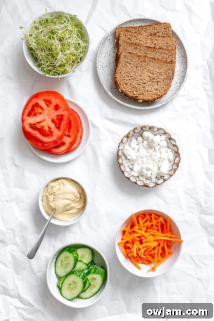 Mediterranean Garden Sandwich 3 Mediterranean Vegetable Sandwich ingredients laid out
