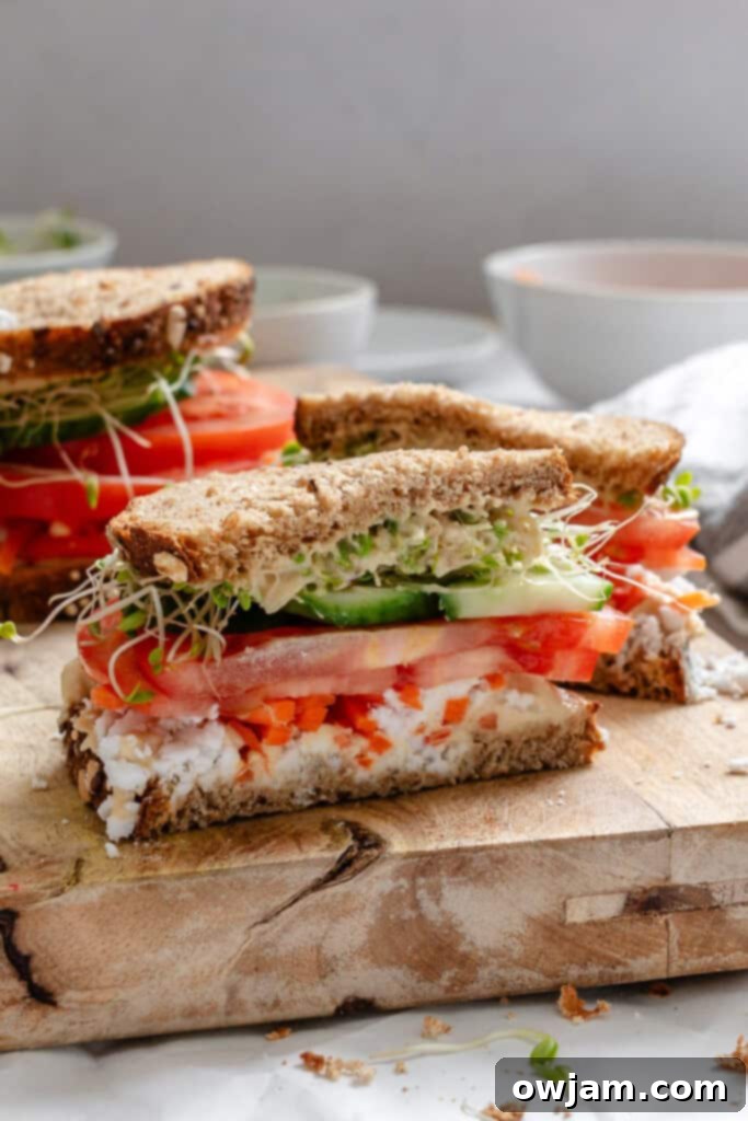 Mediterranean Garden Sandwich 10 Close-up of Mediterranean Vegetable Sandwich on a cutting board