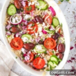 Zesty Mediterranean Orzo Salad 8 Greek Orzo Pasta Salad in a bowl for the recipe card.
