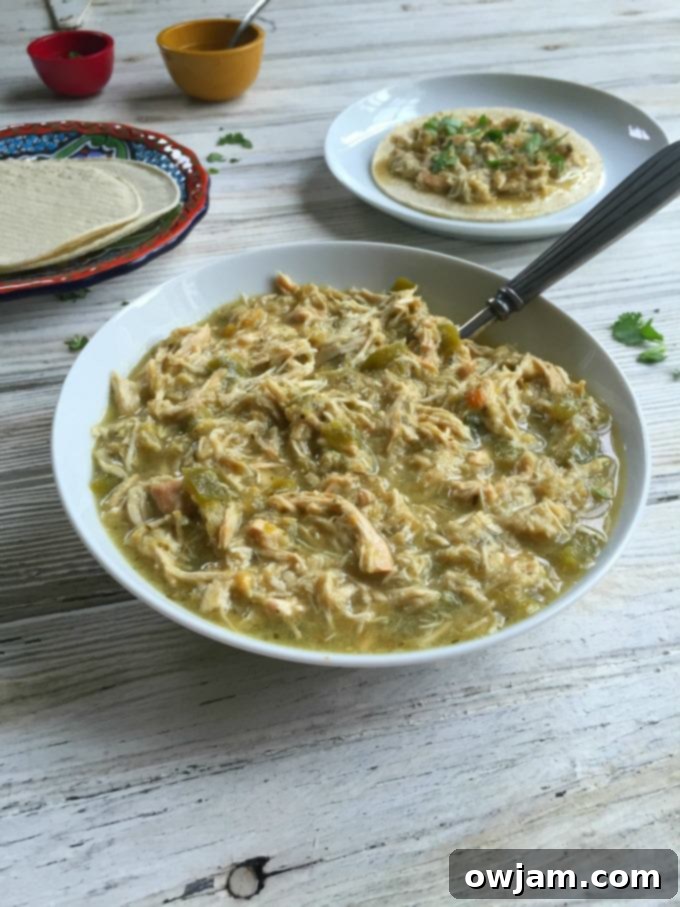 Plated Slow Cooker Salsa Verde Chicken Tacos, ready to eat.