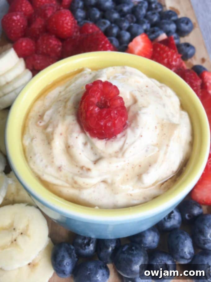 Yogurt Fruit Dip 2 Creamy Yogurt Fruit Dip served with a platter of fresh fruit like strawberries, blueberries, and grapes.