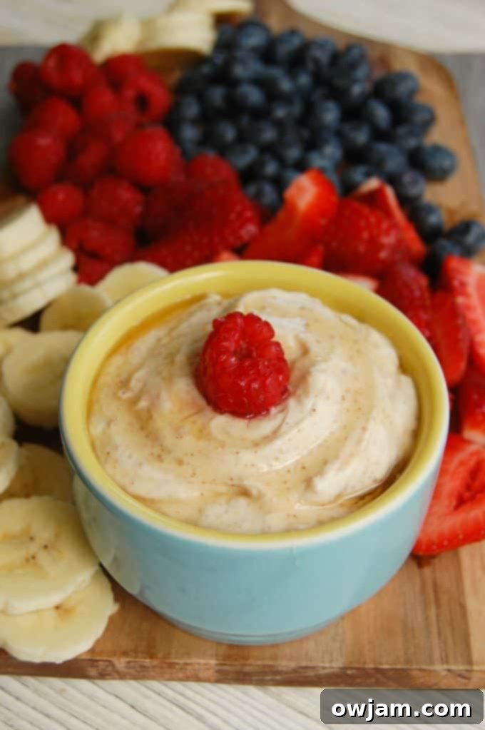 Yogurt Fruit Dip 3 Close-up of creamy Yogurt Fruit Dip in a small white bowl, garnished with a drizzle of honey.
