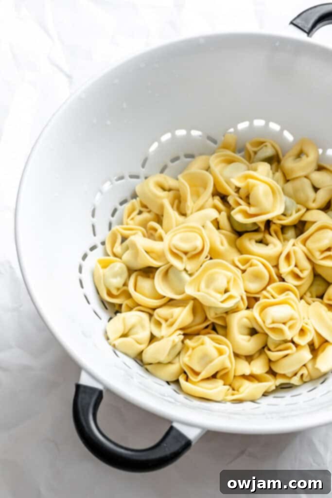 Speedy Cheesy Pesto Tortellini Dinner 6 drained pasta in a collander