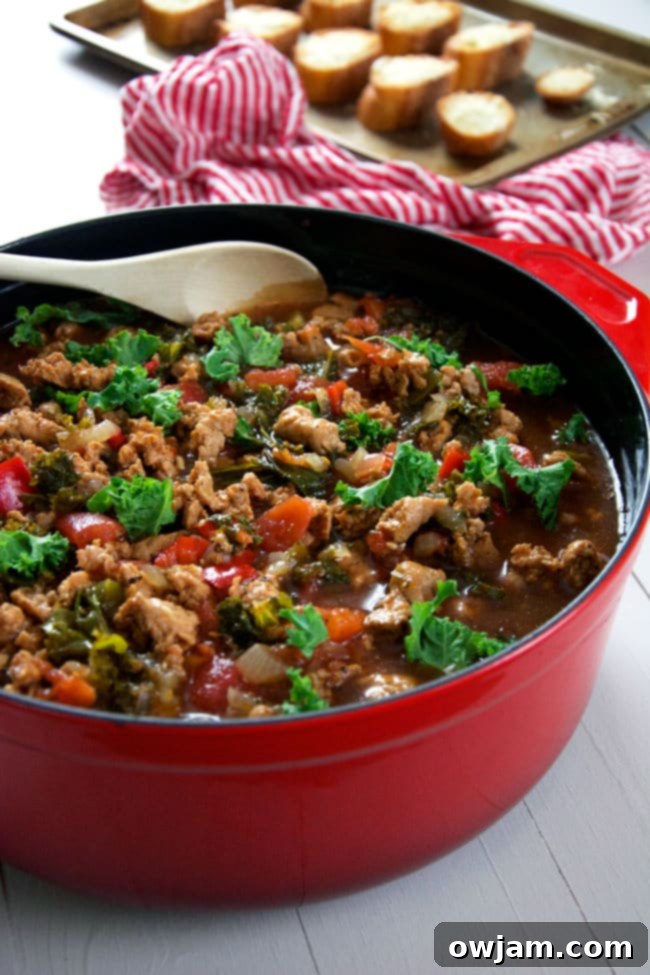 Sweet Italian Sausage Soup with Kale and Cheesy Parmesan Croutons