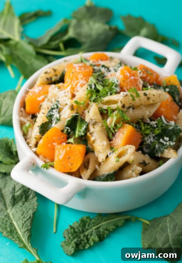 Pesto Penne with Roasted Butternut Squash and Kale