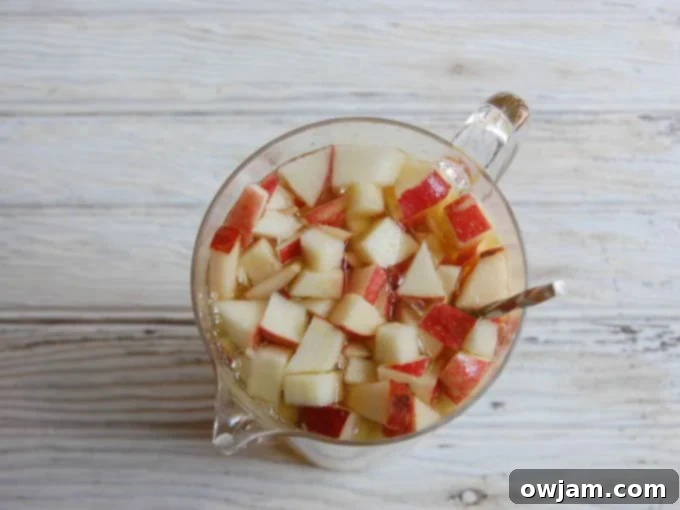 Orchard Sparkle Sangria 3 Close-up of sparkling apple pear sangria in glasses with fruit slices