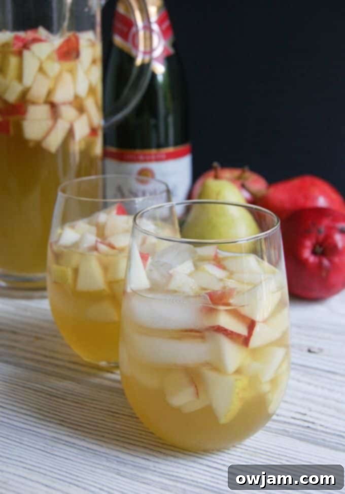 Orchard Sparkle Sangria 5 Close-up of two glasses of sparkling apple pear sangria, garnished with apple slices