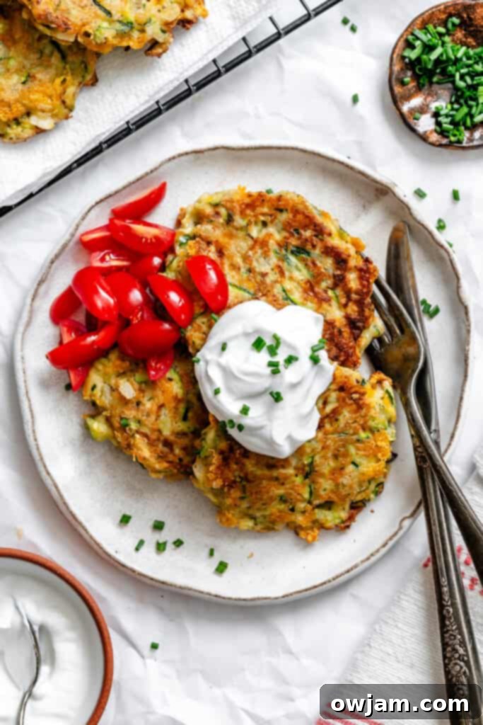Effortless Zucchini Fritters 10 Two Easy Zucchini Fritters on a white plate, ready to be enjoyed as a simple and delicious meal.