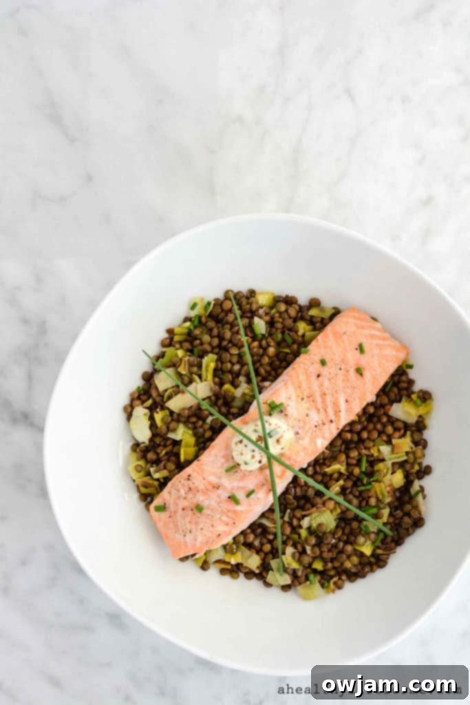 Salmon and Lentils with Herb-Mustard Butter, a healthy and elegant dish