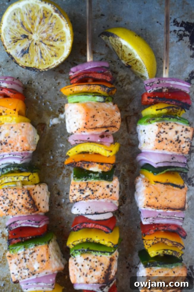 Colorful Rainbow Salmon Skewers with vegetables