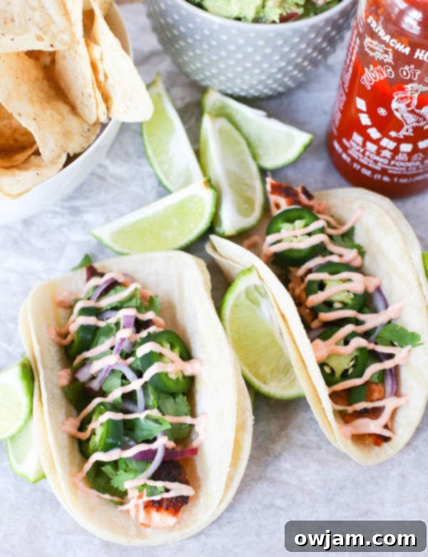 Delicious Salmon Tacos with Sriracha Cream Sauce