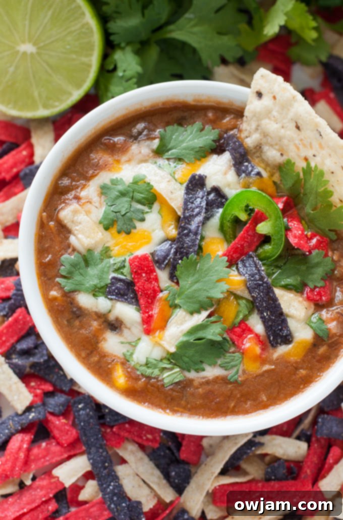 Homemade slow cooker chicken tortilla soup served in a bowl, garnished with fresh cilantro and lime.