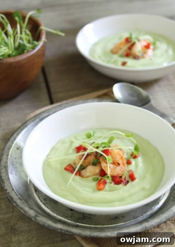 Chilled Avocado Sweet Corn Soup with Lime Shrimp Salsa