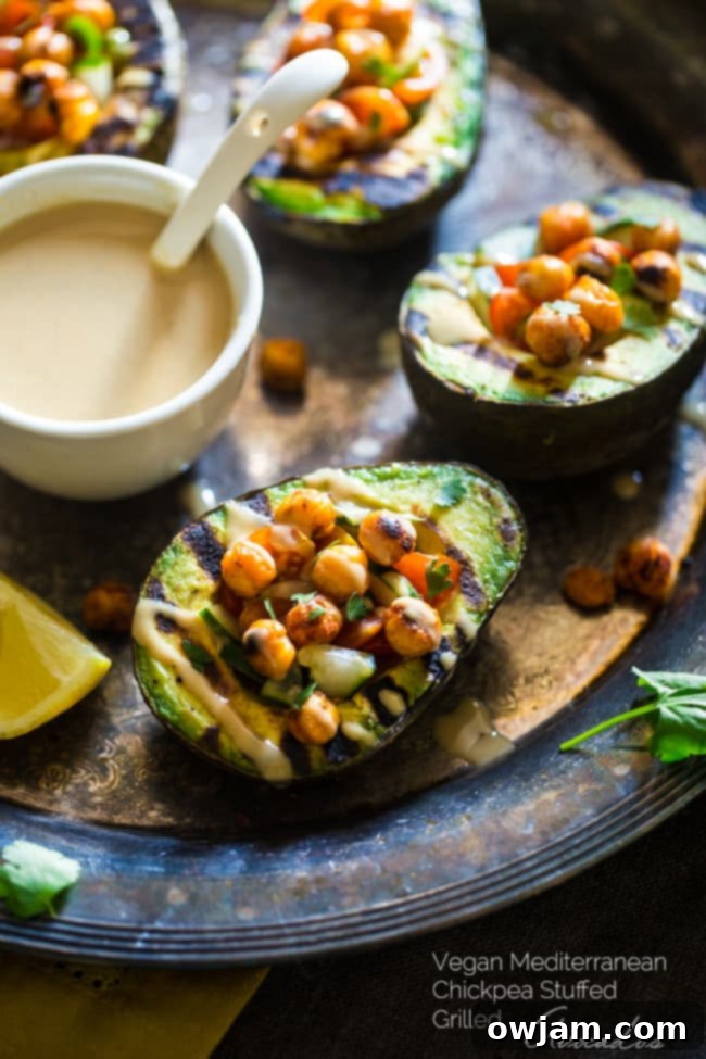 Vegan Grilled Avocado Stuffed with Chickpeas and Tahini
