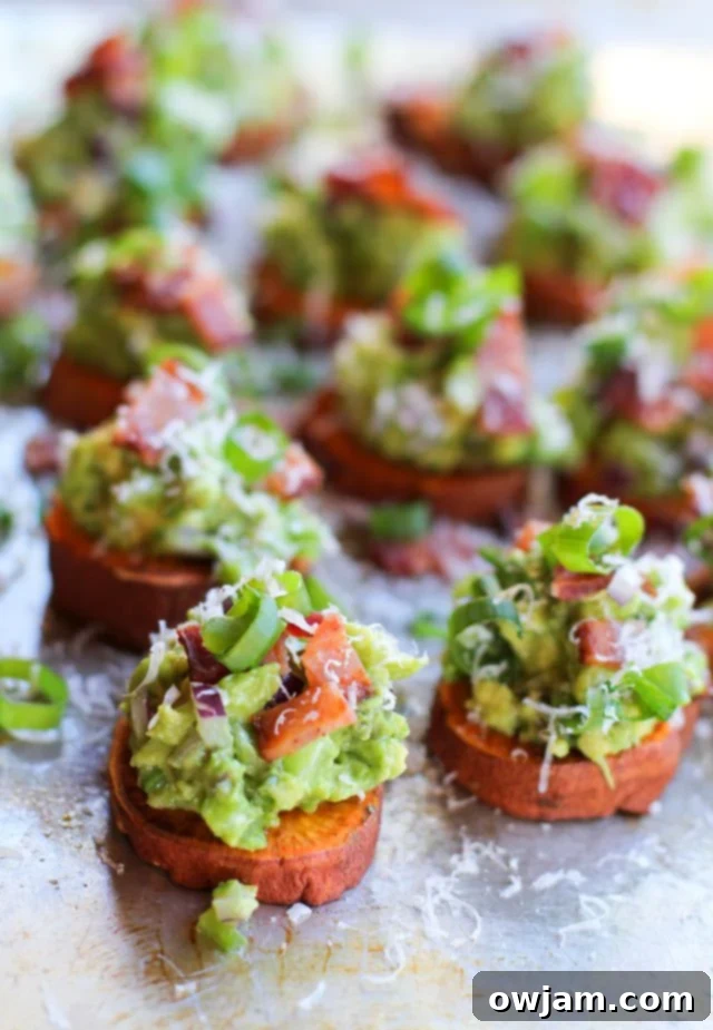 Roasted Sweet Potato Rounds with Guacamole and Bacon