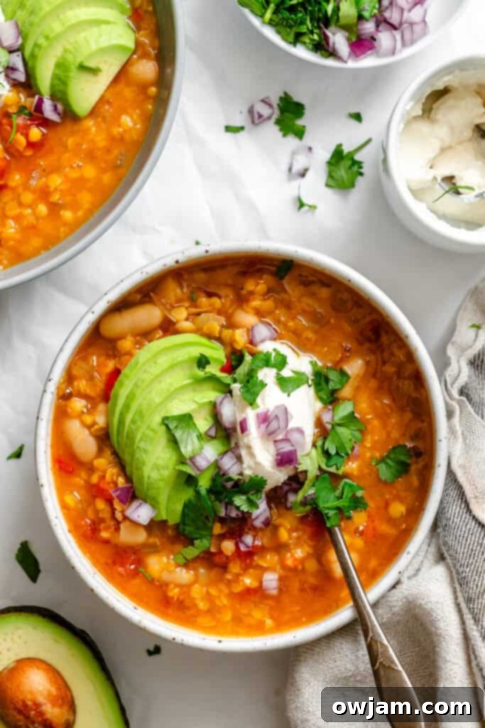 Hearty Lentil Chili 4 Lentil Bean Chili with Greek yogurt and avocado