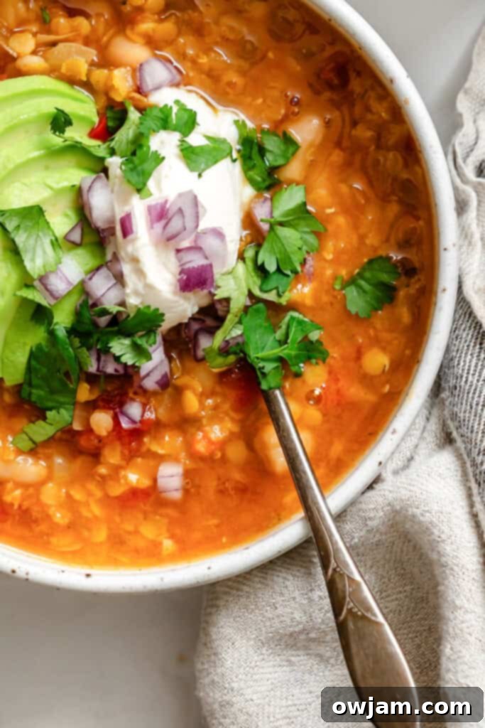 Hearty Lentil Chili 5 Lentil Bean Chili with a spoon in a bowl
