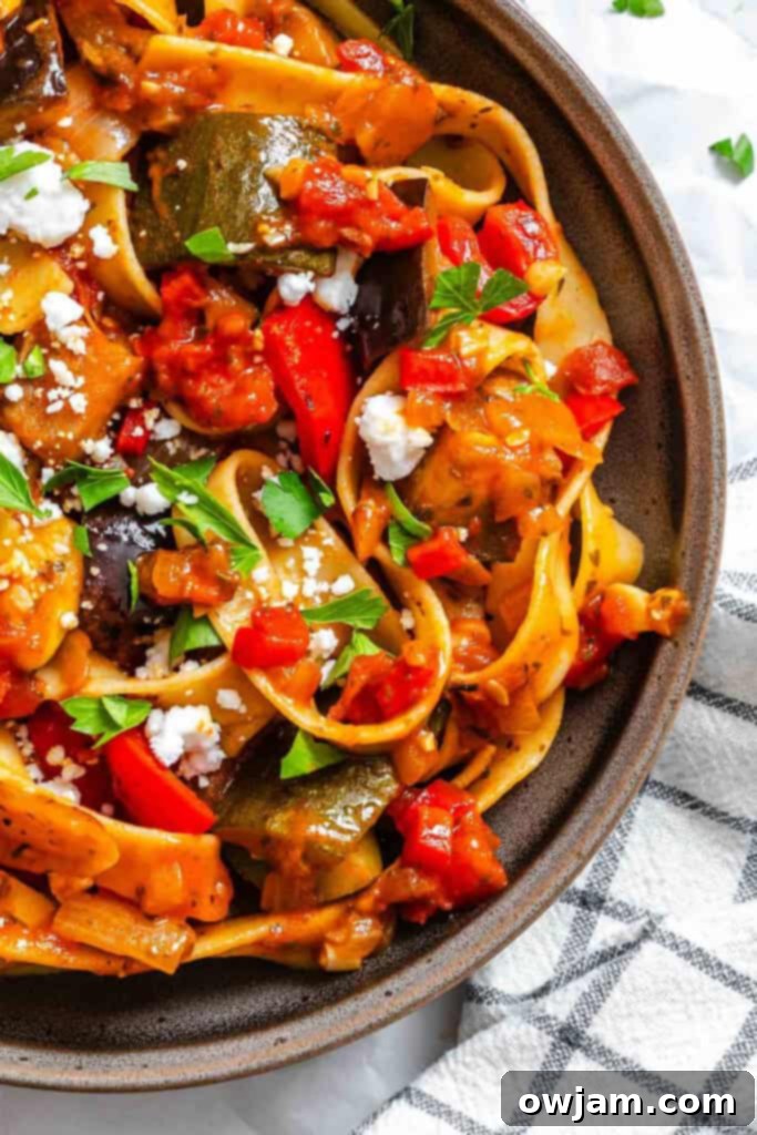 Ratatouille Pappardelle in a bowl, showing the rich sauce and fresh garnishes.