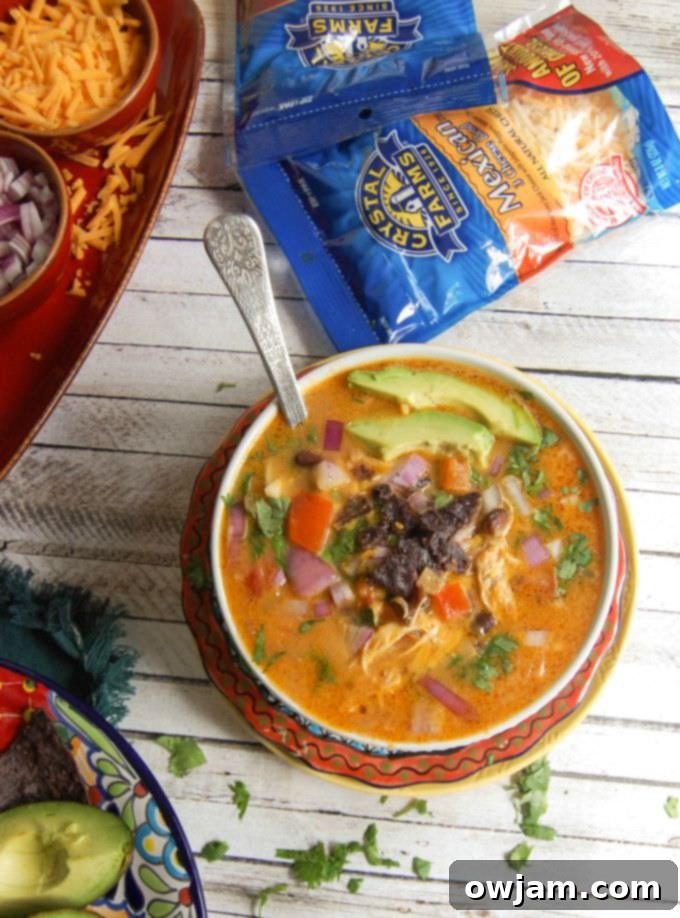 A generous serving of Slow Cooker Mexican Cheesy Chicken Soup in a deep white bowl, beautifully topped with a variety of fresh garnishes including sliced avocado, chopped cilantro, and red onion.