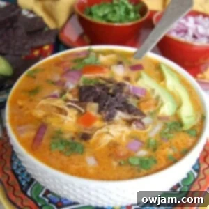 A top-down view of Slow Cooker Mexican Cheesy Chicken Soup with various garnishes surrounding it, perfect for customization.