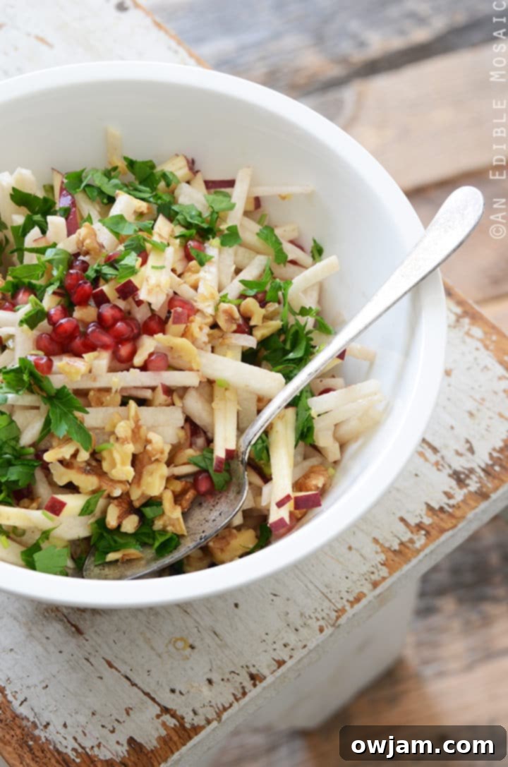 Vibrant Jicama Apple and Pomegranate Salad drizzled with a tangy Raspberry Dijon Vinaigrette, a refreshing and colorful fall salad
