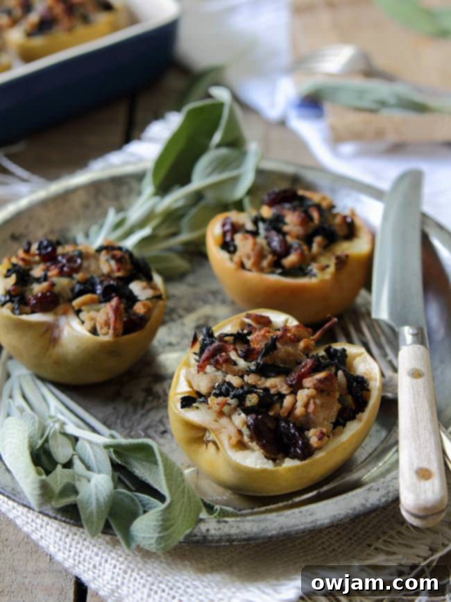 Savory Turkey and Sage Stuffed Apples, an elegant and creative fall entrée with seasoned ground turkey inside baked apples