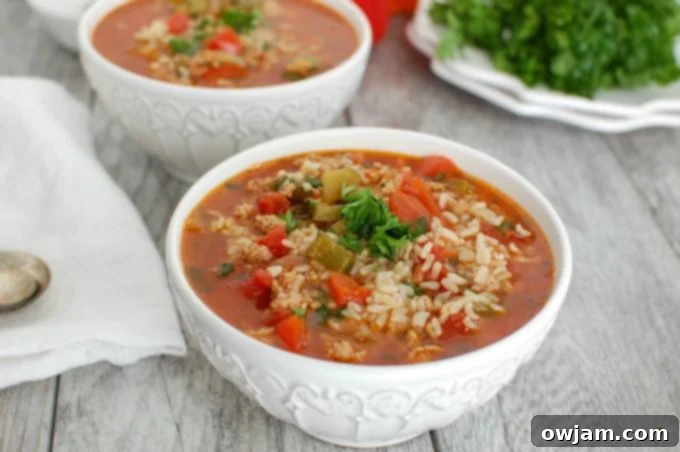 Slow Cooker Deconstructed Stuffed Pepper Soup 3 A bowl of Slow Cooker Stuffed Pepper Soup, ready for dinner on a rustic wooden table.